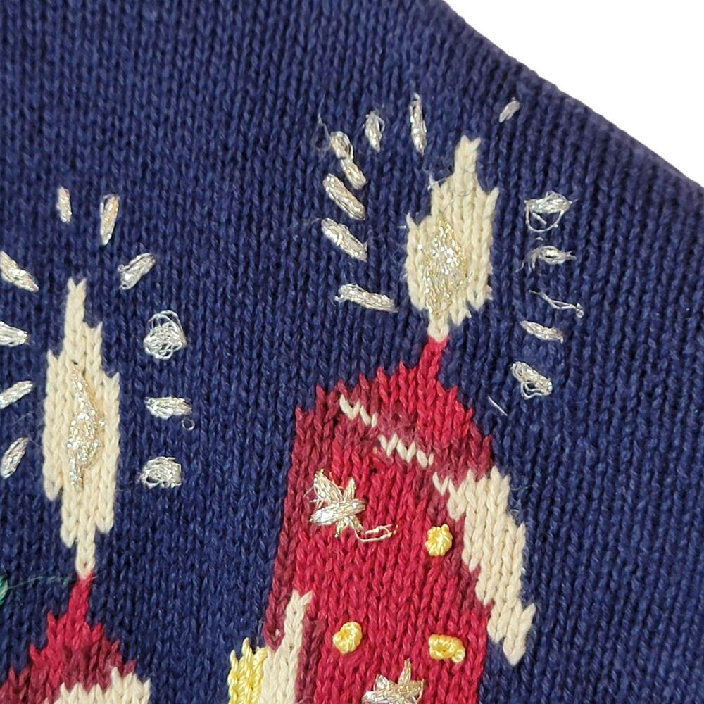 Vintage Carly St Claire Embroidered Christmas Cardigan Sweater Blue Red M Retro - Picture 5 of 11